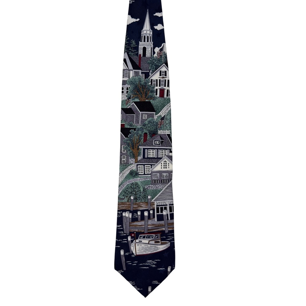Van Heusen Necktie OS Mens Americana New England Village Silk Scenic Navy Blue